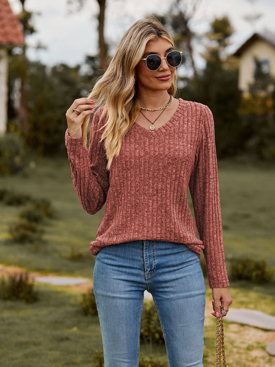 Damen Wohlfühlpullover mit geripptem Design und V-Ausschnitt EB