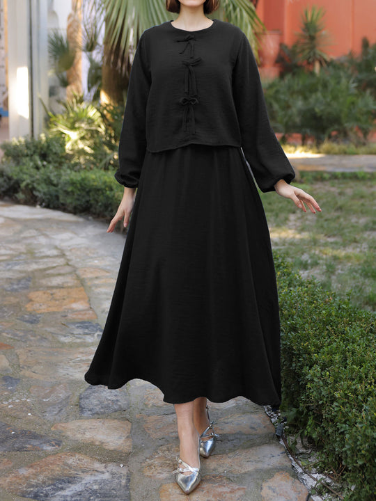 Damen Langes Zweiteiliges Maxikleid mit Überwurf, Rundhals und Zierknoten EB
