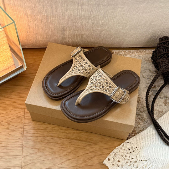 Damen Komfortable Zehentrenner-Sandalen mit modischem Flechtmuster und verstellbarem Riemen EB