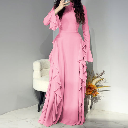 Damen nan Maxikleid mit Volantbesatz, taillierter Empire‑Silhouette und langen Glockenärmeln EB
