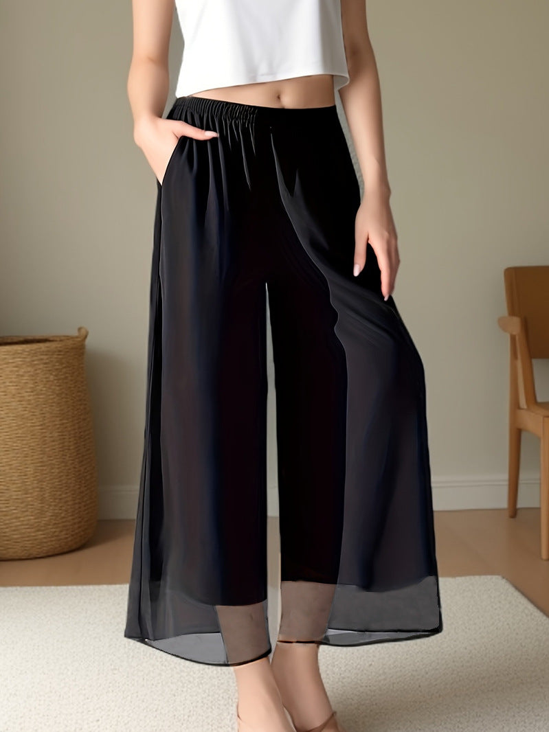 Damen Weit geschnittene Chiffon-Hose mit elastischem Taillenbund und hohen Seitentaschen EB