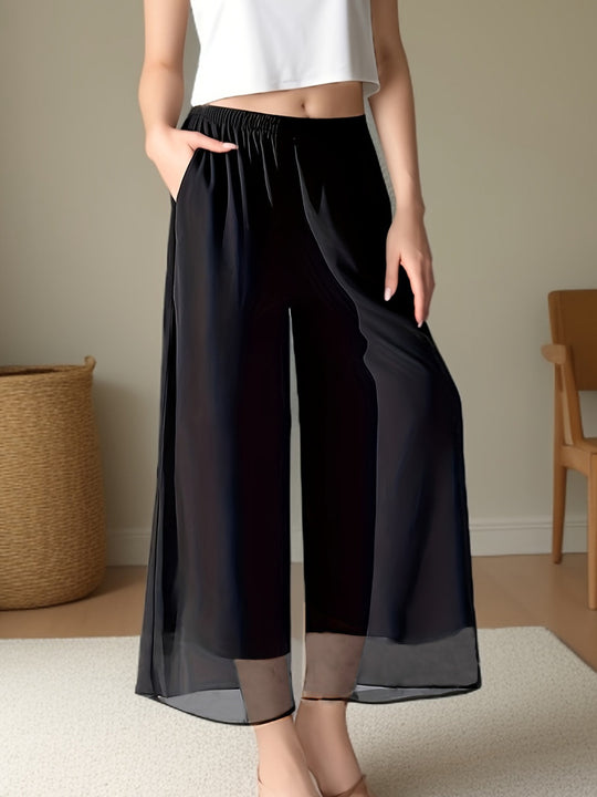 Damen Weit geschnittene Chiffon-Hose mit elastischem Taillenbund und hohen Seitentaschen EB