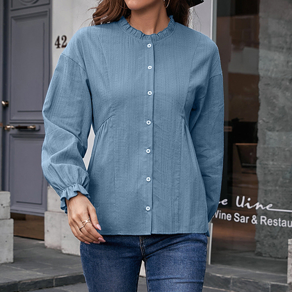 Damen Bluse mit Rüschensaum und Knopfdetails EB
