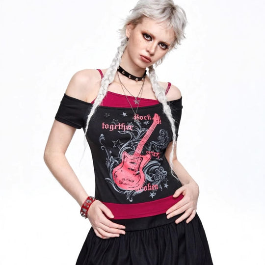 Damen Asymmetrisches Rock-T-Shirt mit grafischem Druck EB