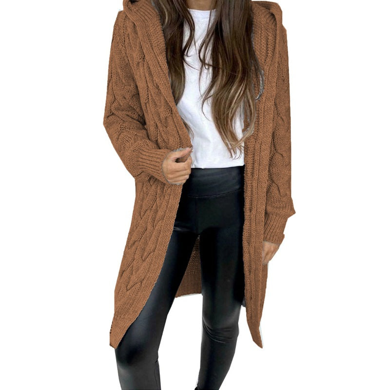 Damen Langer Strickmantel mit strukturiertem Zopfdesign und praktischer Kapuze EB