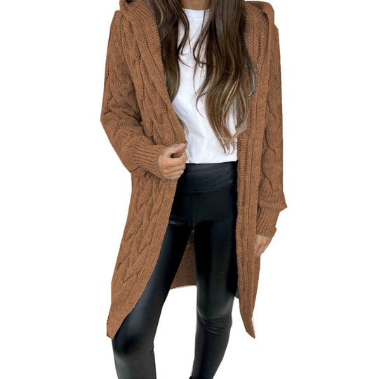 Damen lange Strickjacke mit Kapuze und Zopfdesign EB