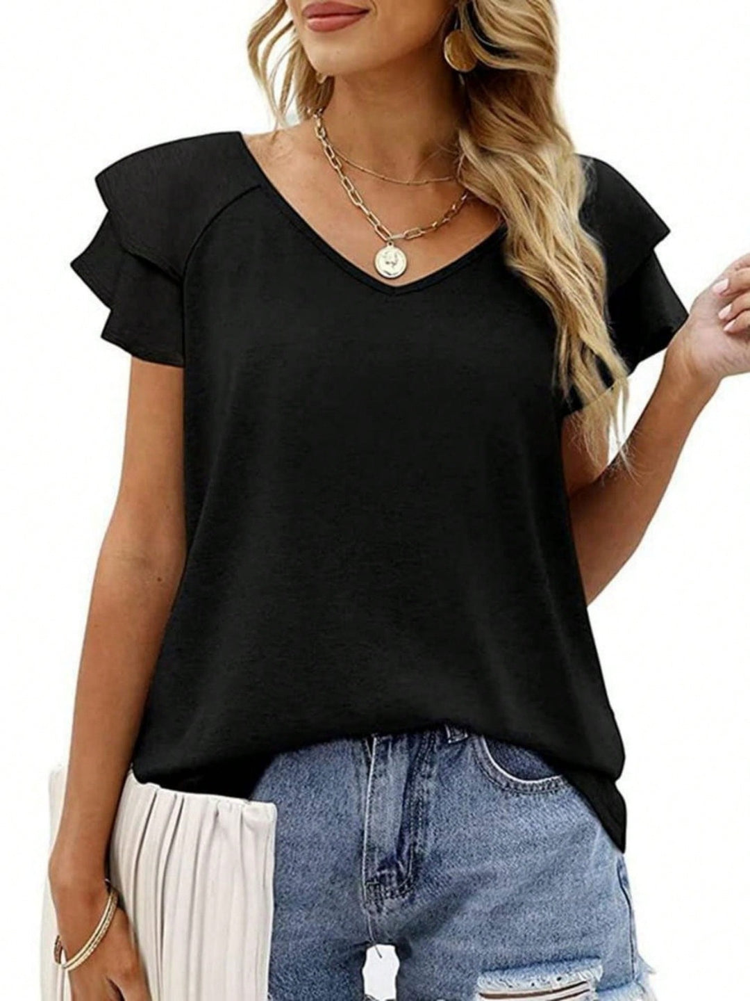 Damen V-Ausschnitt T-Shirt mit Rüschendetails EB