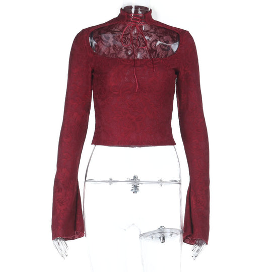 Damen elegantes Langarm-Top mit schickem Stehkragen und floralem Muster EB