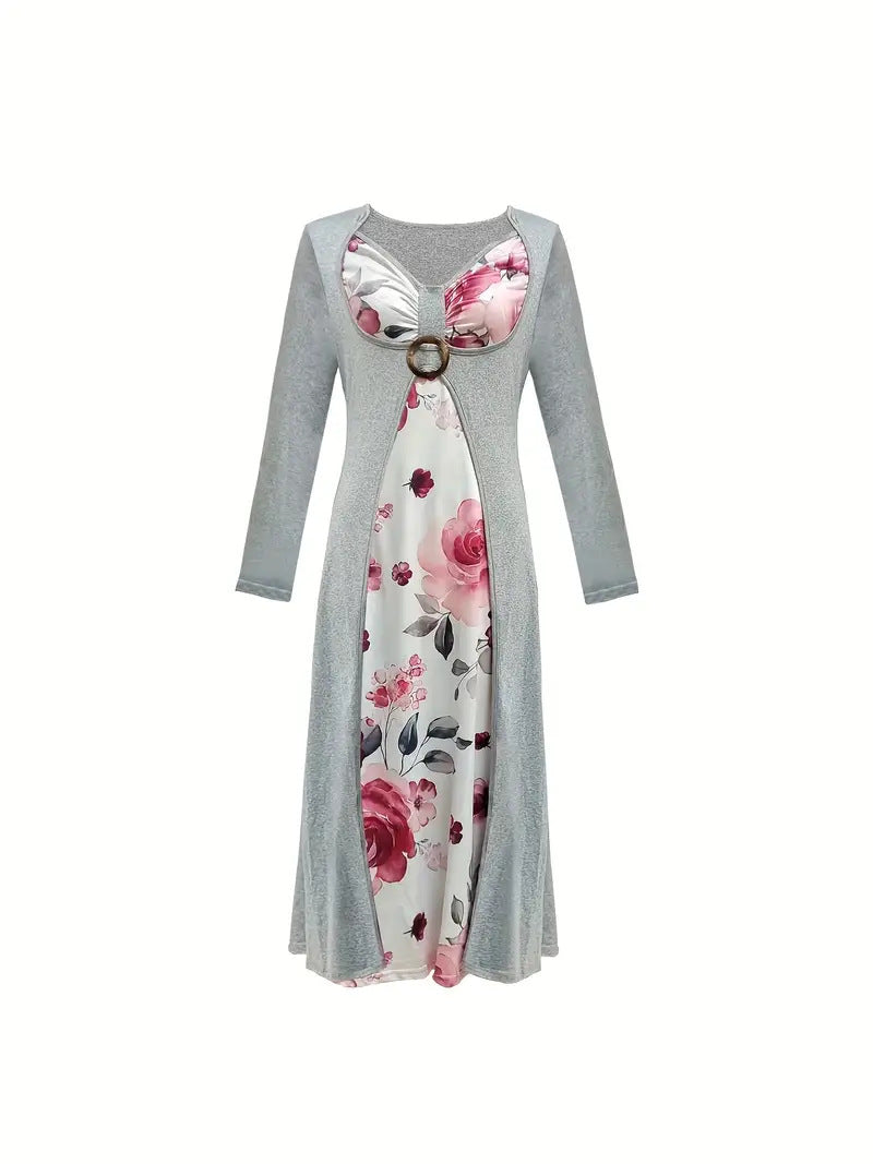 Damen Maxikleid mit floralem Design und elegantem Taillengürtel EB