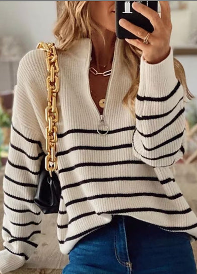 Damen Strickpullover mit halbem Reißverschluss und Streifenmuster EB