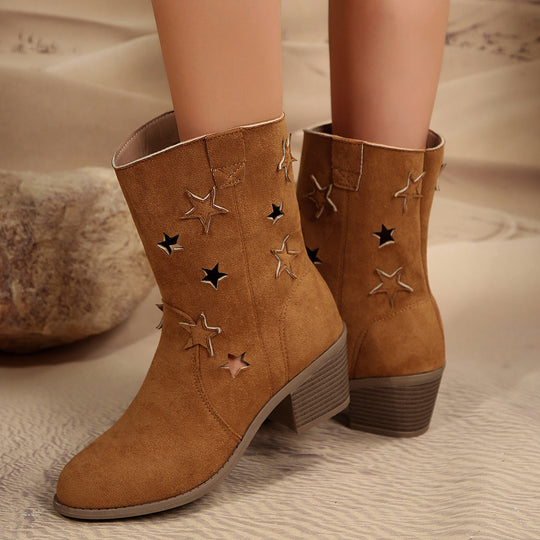 Damen nan Mid‑Cowboy‑Stiefel mit Stern‑Cutouts, bestickten Applikationen und gestapeltem Blockabsatz EB