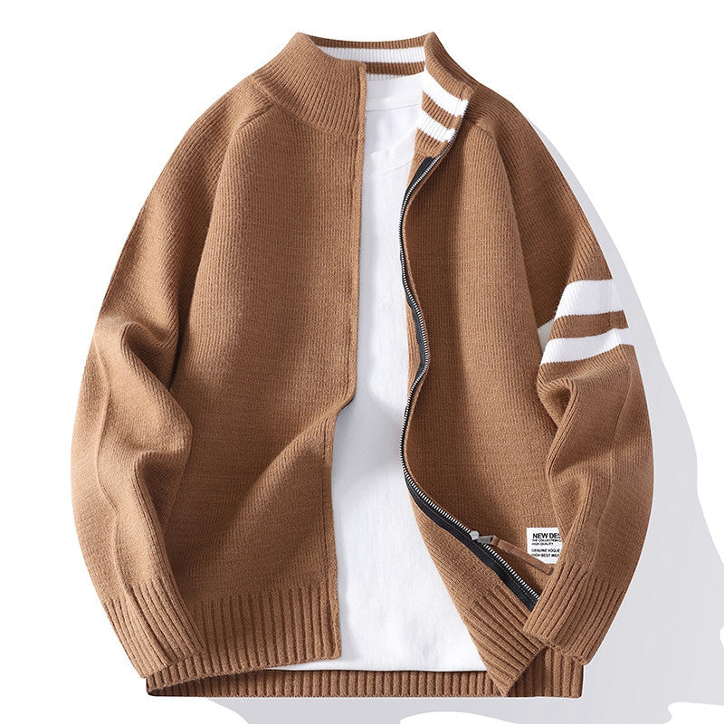 Herren nan gestrickte Zip-Cardigan im College-Stil mit gestreiftem Ärmelband und geripptem Stehkragen EB
