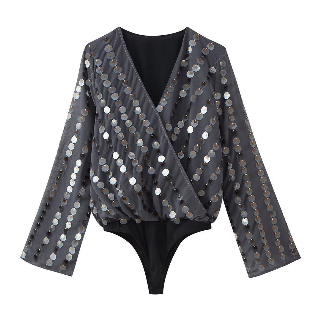 Damen Glamouröses Body mit glitzernden Pailletten und Wickeldesign EB
