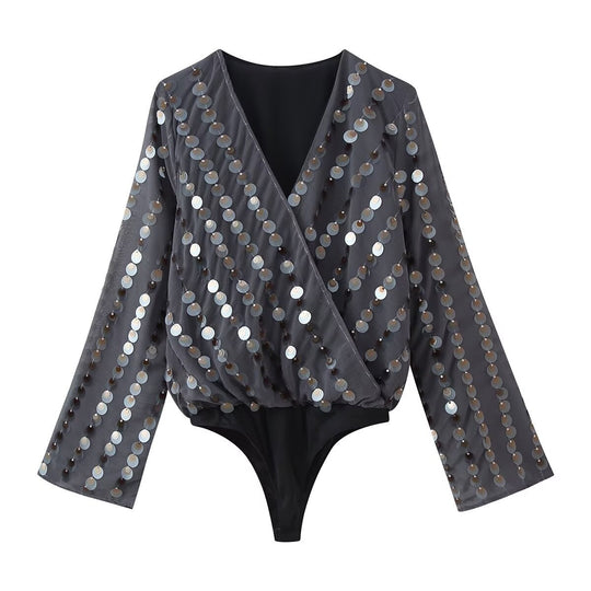 Damen Glamouröses Body mit glitzernden Pailletten und Wickeldesign EB