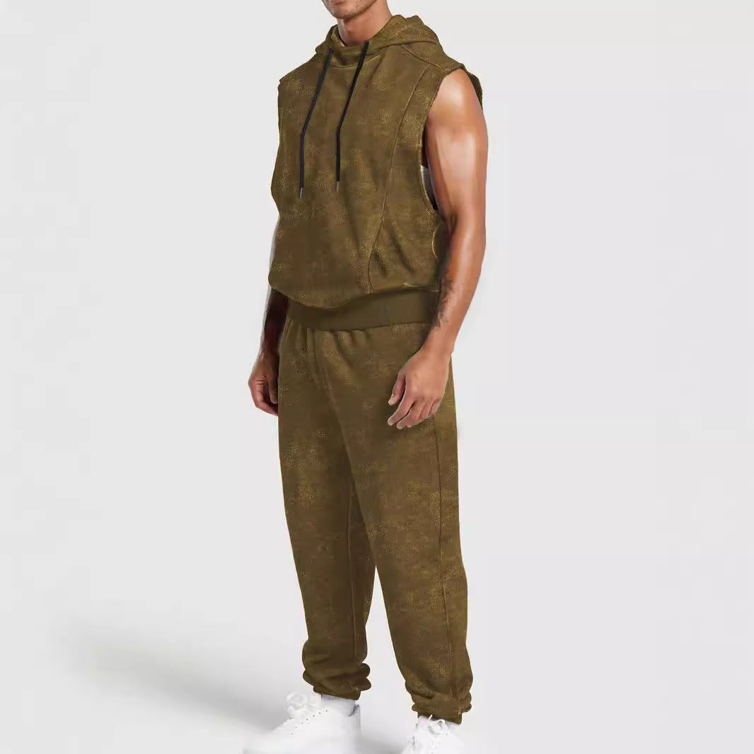 Herren nan ärmelloses Kapuzensweat-Set in Veloursoptik mit elastischer Jogginghose und gerippten Abschlüssen EB