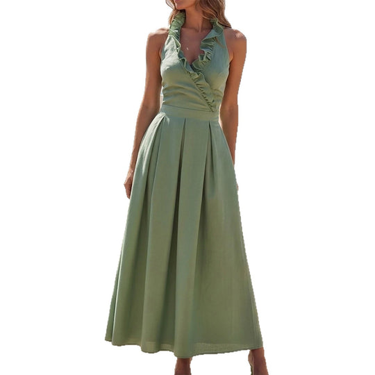 Damen Elegantes Maxi-Kleid mit verspieltem Rüschen-Ausschnitt und taillierter Passform EB