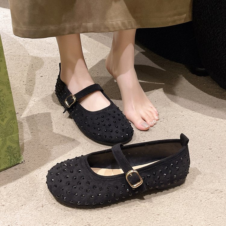 Damen elegante Mary Jane Ballerinas mit dekorativem Riemen und Strassdetails EB