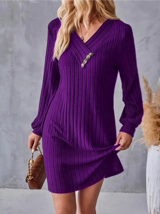 Damen Röhrenkleid mit elegantem V-Ausschnitt und dekorativen Knöpfen EB