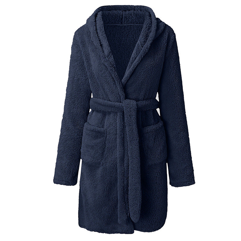 Damen Kuscheliger Fleece-Bademantel mit Kapuze und praktischen Taschen EB