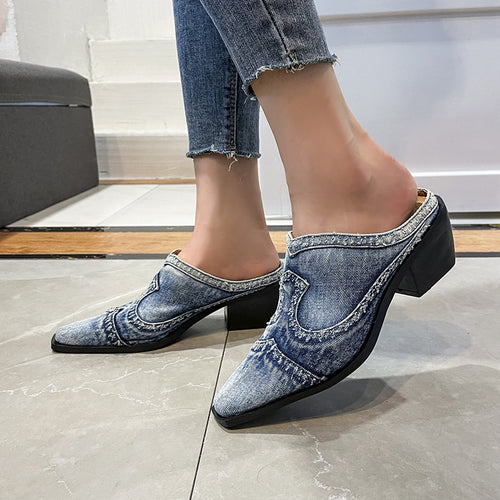 Damen stilvolle Jeans-Pantoletten mit spitzem Zehenbereich und Blockabsatz EB