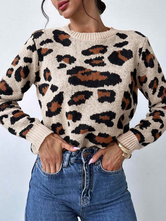 Damen kuscheliger Strickpullover mit Leopardenmuster und überschnittenen Schultern EB