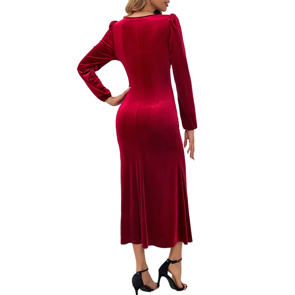 Damen Samt-Maxikleid mit taillierter Silhouette, Puffschultern und fließendem Tulpenrock Eichborn Berlin