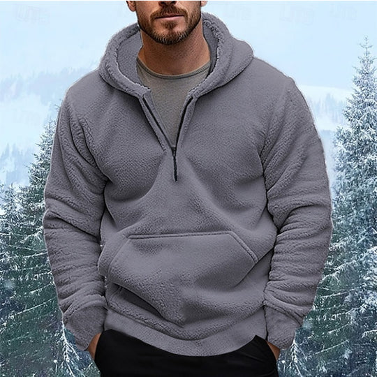 Herren nan sherpa fleece-hoodie mit halbem Reißverschluss, Kapuze und großer Kängurutasche EB