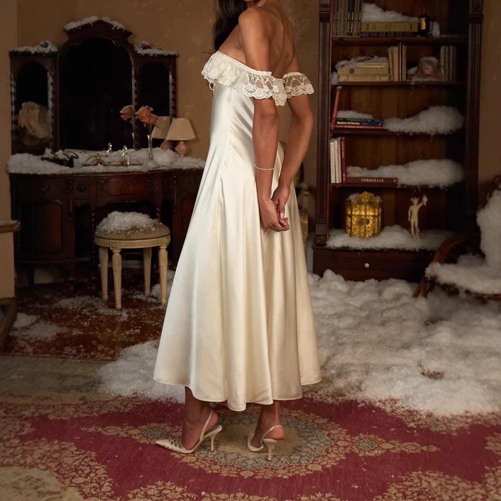 Damen Elegantes bodenlanges Kleid mit Spitzenbesatz EB