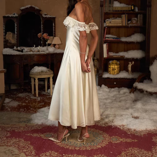 Damen Elegantes bodenlanges Kleid mit Spitzenbesatz EB