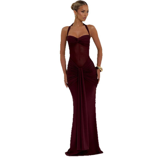 Damen elegantes Maxikleid mit schmeichelnder Raffung und Halterneck EB