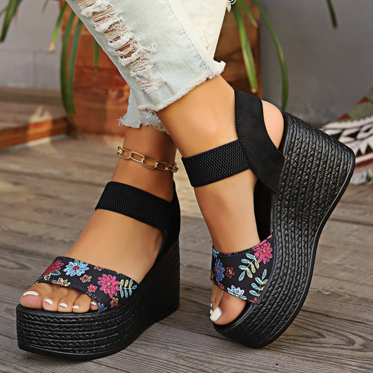 Damen Wedge-Sandalen mit floralem Design und elastischen Riemen EB