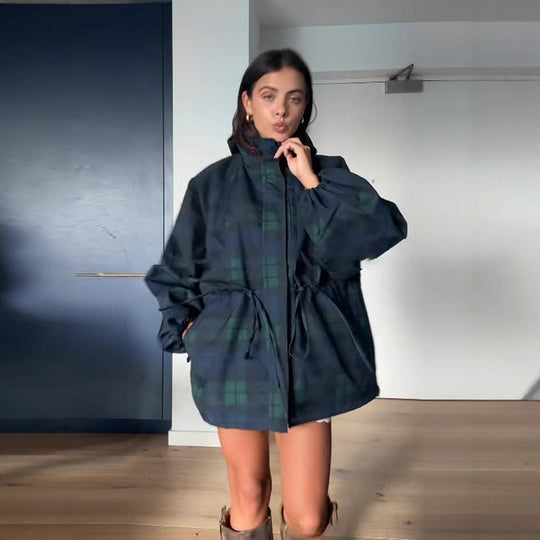 Damen Oversized Jacke im lässigen Karo-Design mit praktischen Taschen und Taillenzug EB