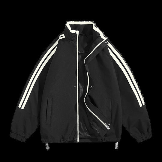 Unisex  oversized retro athletic shell jacket with stand collar and dual sleeve stripes EB