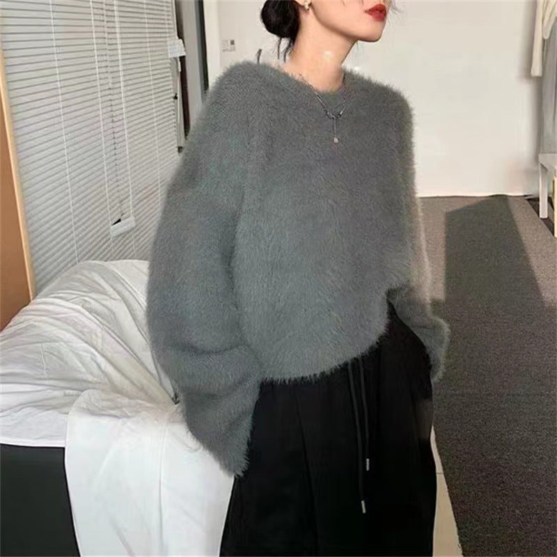 Damen Flauschiger Pullover mit lässigem Schnitt und hohem Rundhalsausschnitt EB