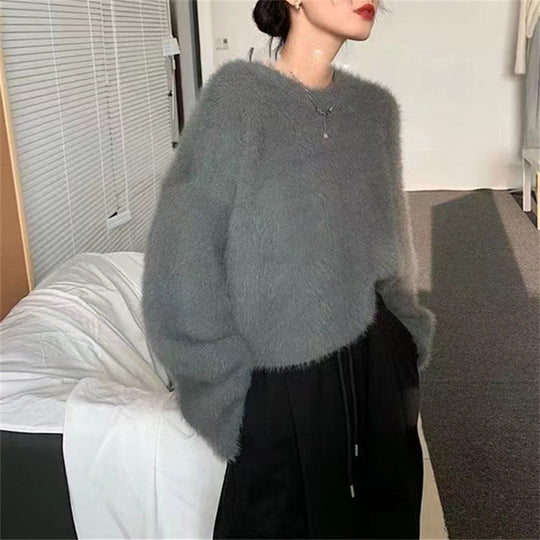 Damen Flauschiger Pullover mit lässigem Schnitt und hohem Rundhalsausschnitt EB