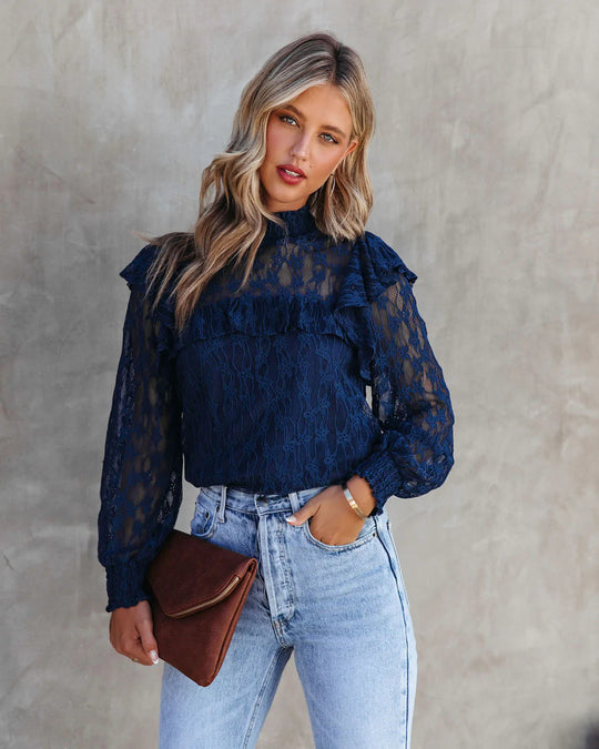 Damen Spitzenbluse mit Rüschendetails und elegantem Stehkragen EB