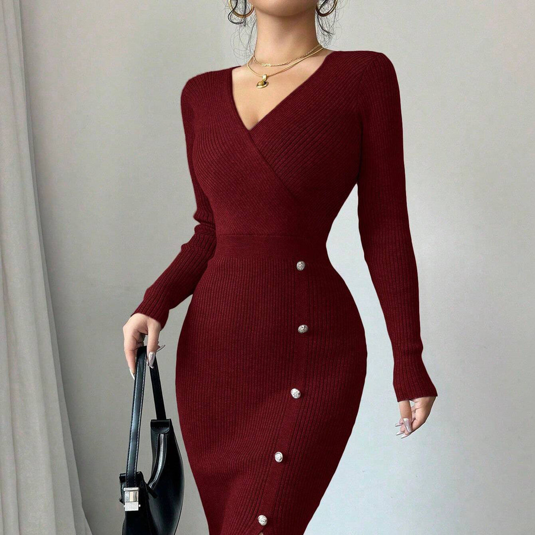 Damen Strickkleid mit Wickeloptik und eleganten Knopfdetails EB