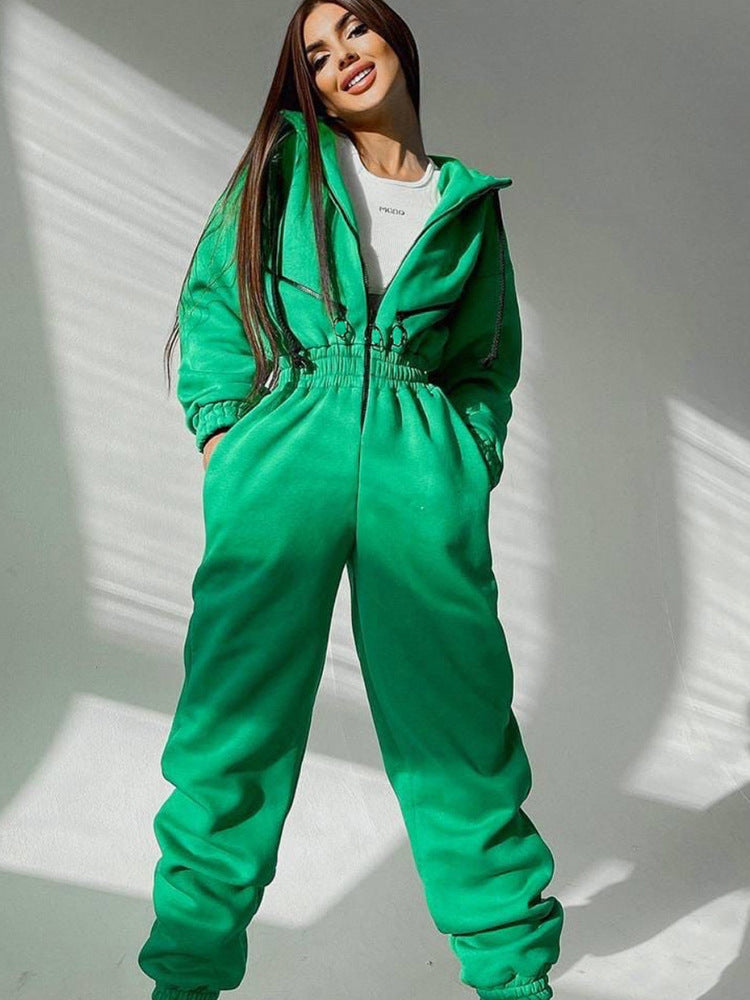 Damen Taillierter Kapuzen-Sweat-Jumpsuit mit Reißverschluss und elastischem Taillenbund EB