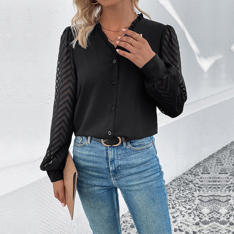 Damen elegante Bluse mit transparenten Rüschärmel und Knopfleiste EB