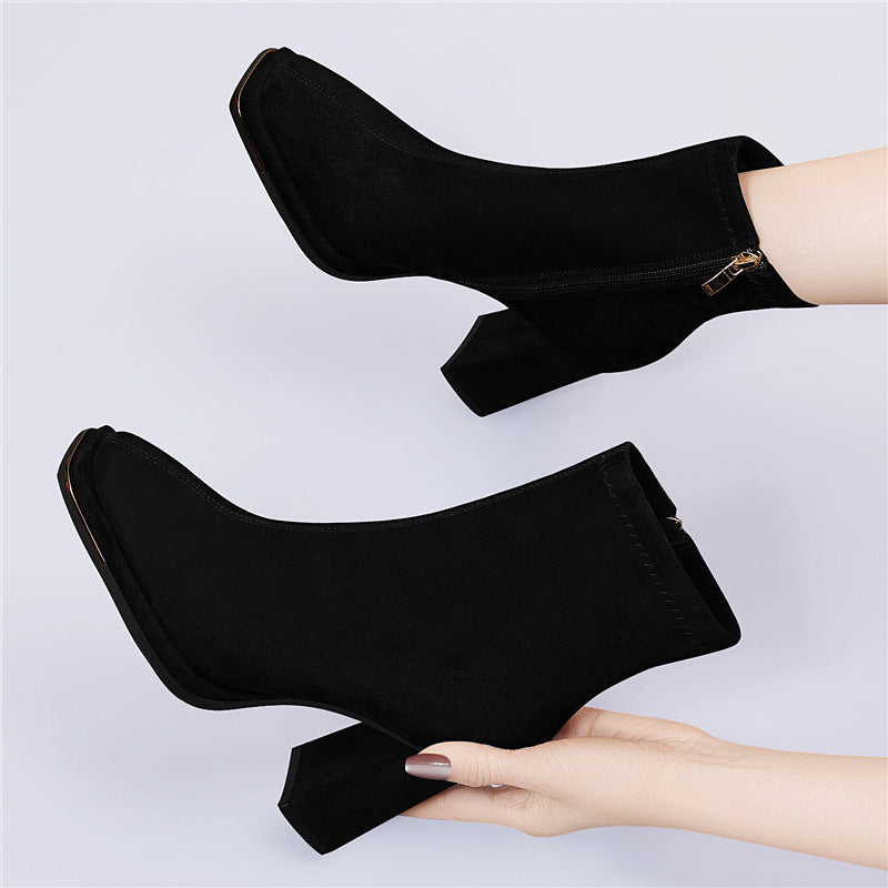 Damen stilvolle Stiefeletten mit Blockabsatz und Reißverschluss EB