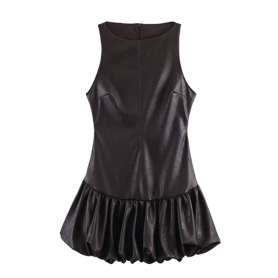 Damen ärmelloses Kunstlederkleid mit voluminösem Rock EB