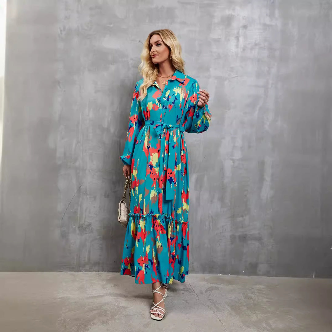 Damen Maxikleid mit voluminösen Ärmeln und schickem Bindegürtel EB