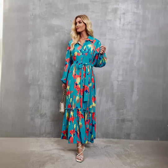 Damen Maxikleid mit voluminösen Ärmeln und schickem Bindegürtel EB