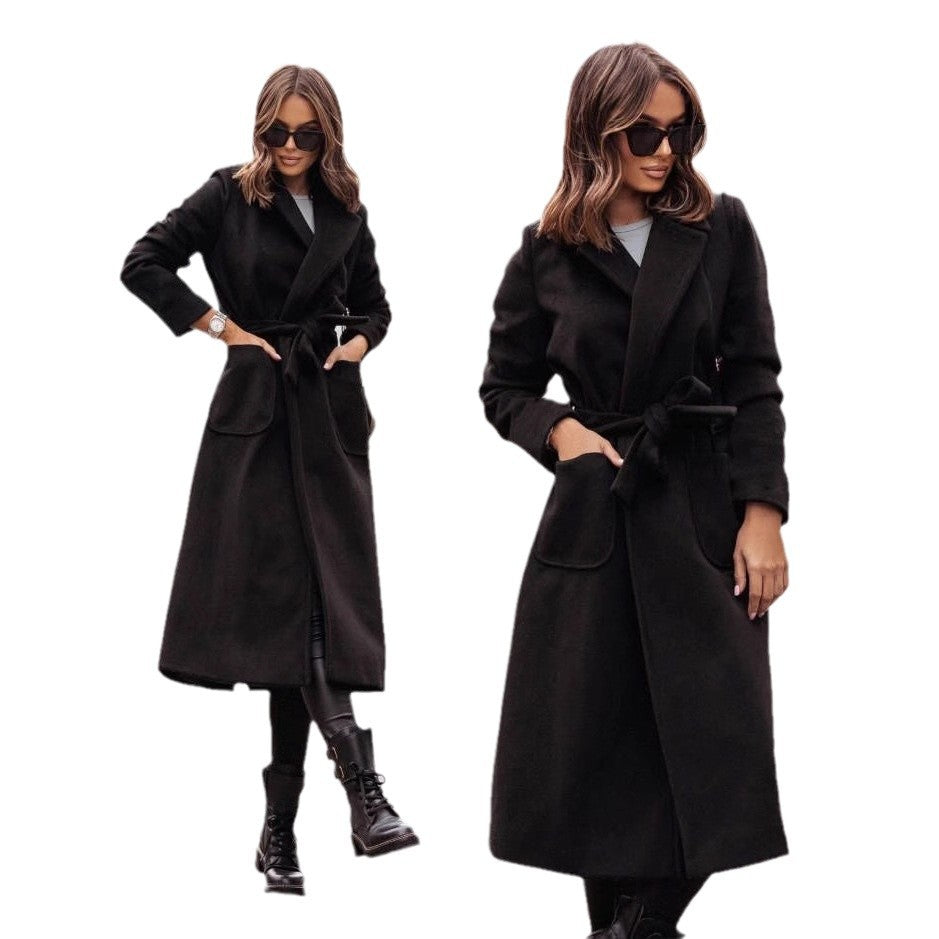 Damen Eleganter Wickel-Mantel mit praktischen Taschen und taillierbarem Gürtel EB