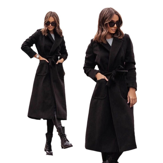 Damen Eleganter Wickel-Mantel mit praktischen Taschen und taillierbarem Gürtel EB