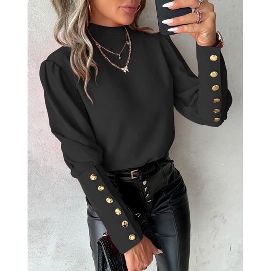 Damen elegante Bluse mit Puffärmeln und goldenen Knopfdetails EB