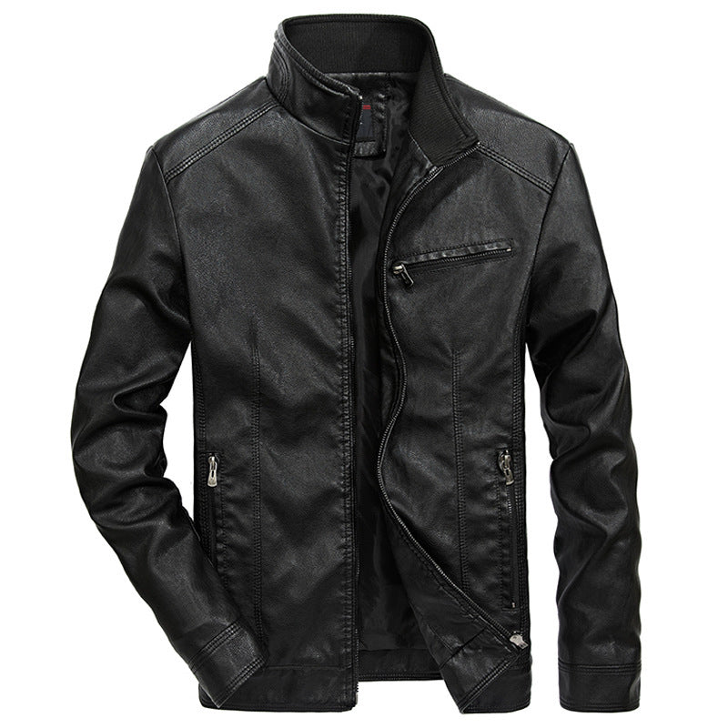 Herren Kunstleder-Bikerjacke mit hohem Stehkragen und Reißverschlussdetails EB