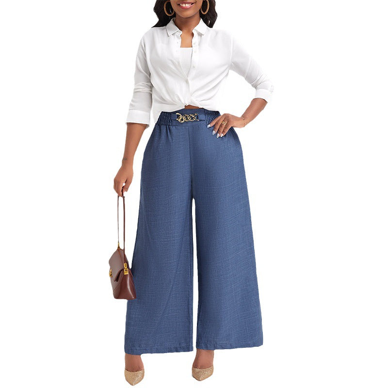 Damen Elegante Weitbein-Hose mit elastischem Bund und goldener Kette EB