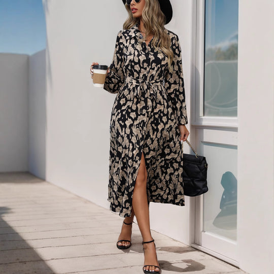 Damen Maxikleid mit elegantem Taillengürtel und stylischem Schlitzdesign EB