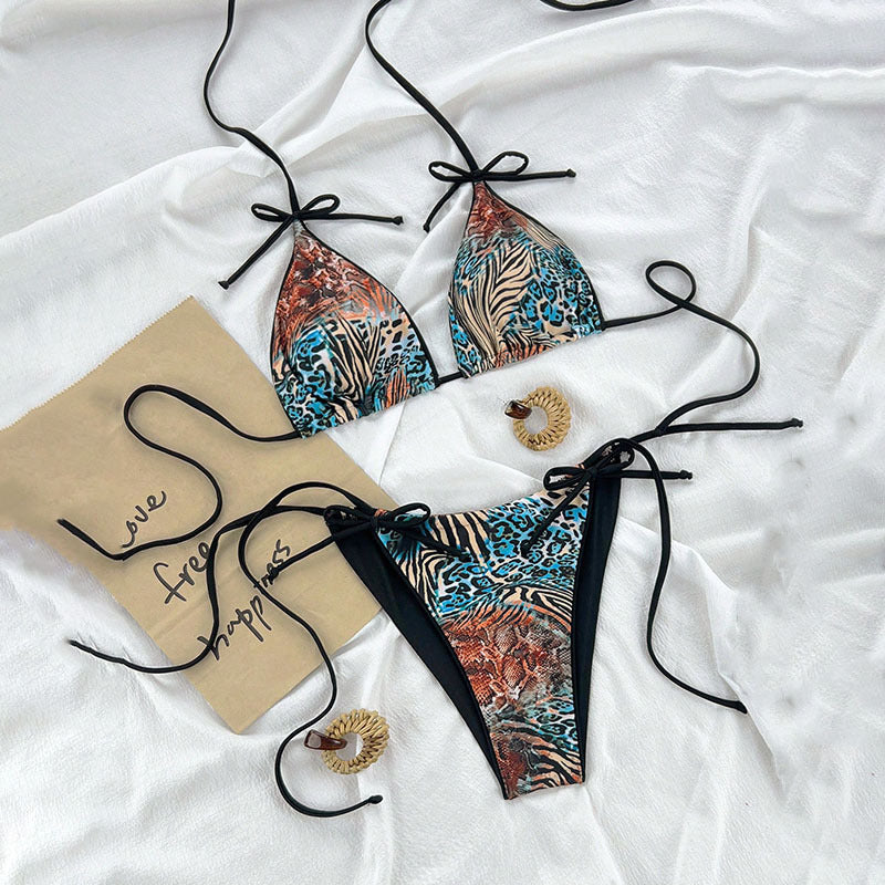 Damen Triangel-Bikini mit verspieltem Animal-Print und eleganten Bindebändern EB